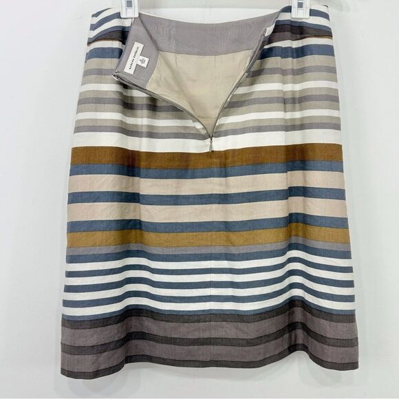 Banana Republic Brown Blue Cream Horizontal Striped A Line Pleated Linen Skirt - Picture 9 of 15
